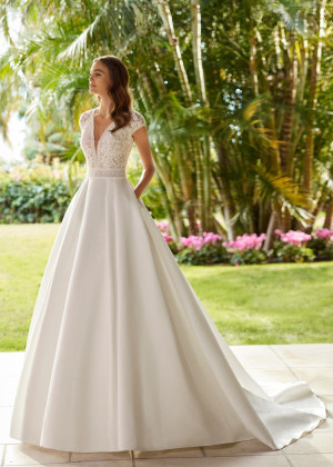 Cap Sleeves Ivory Lace Satin Royal Wedding Dress With Pockets